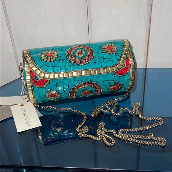 Antik Kraft Handbags - Antik Kraft Mosaic Turquoise Accented Clutch Shoulder Crossbody Chain Strap Bag